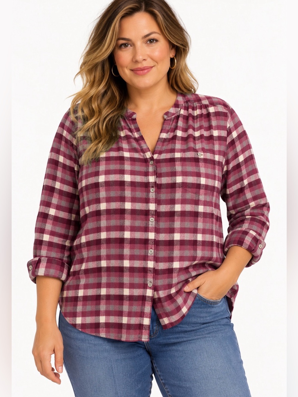 EUC L.L.Bean Women’s Burgundy Plaid Cotton Flannel Y-Neck Shirt XL